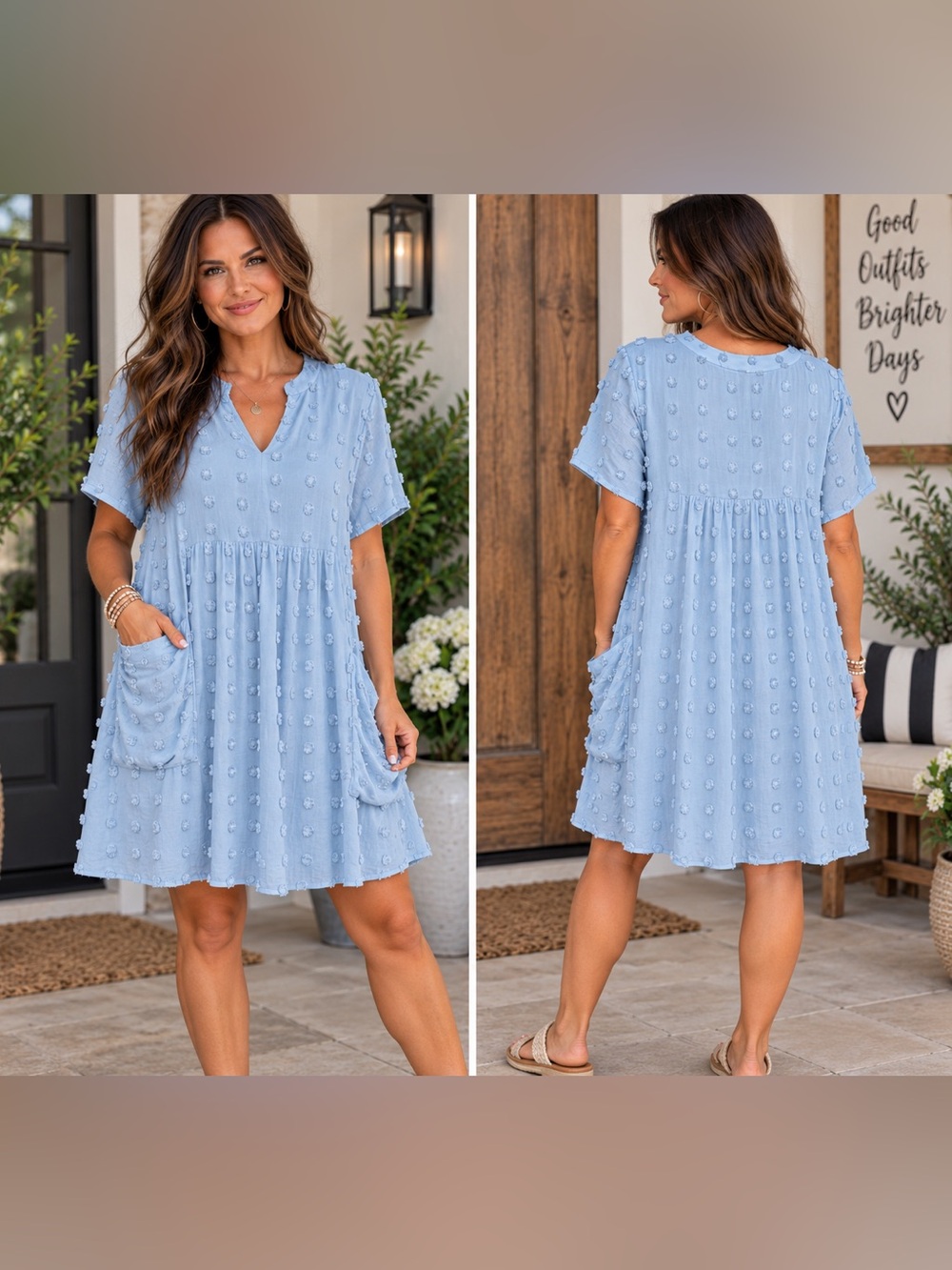 JODIFL Baby Blue Lined Swing Dot Dress With Pockets, Size Large